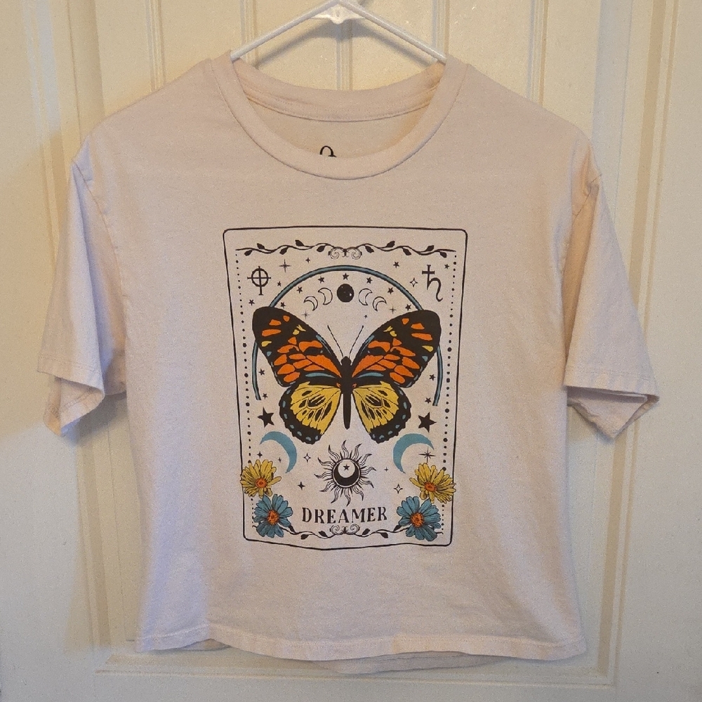 Butterfly Dreamer Moon Star Sun Daisy White Short Sleeve Tshirt - Picture 3 of 6